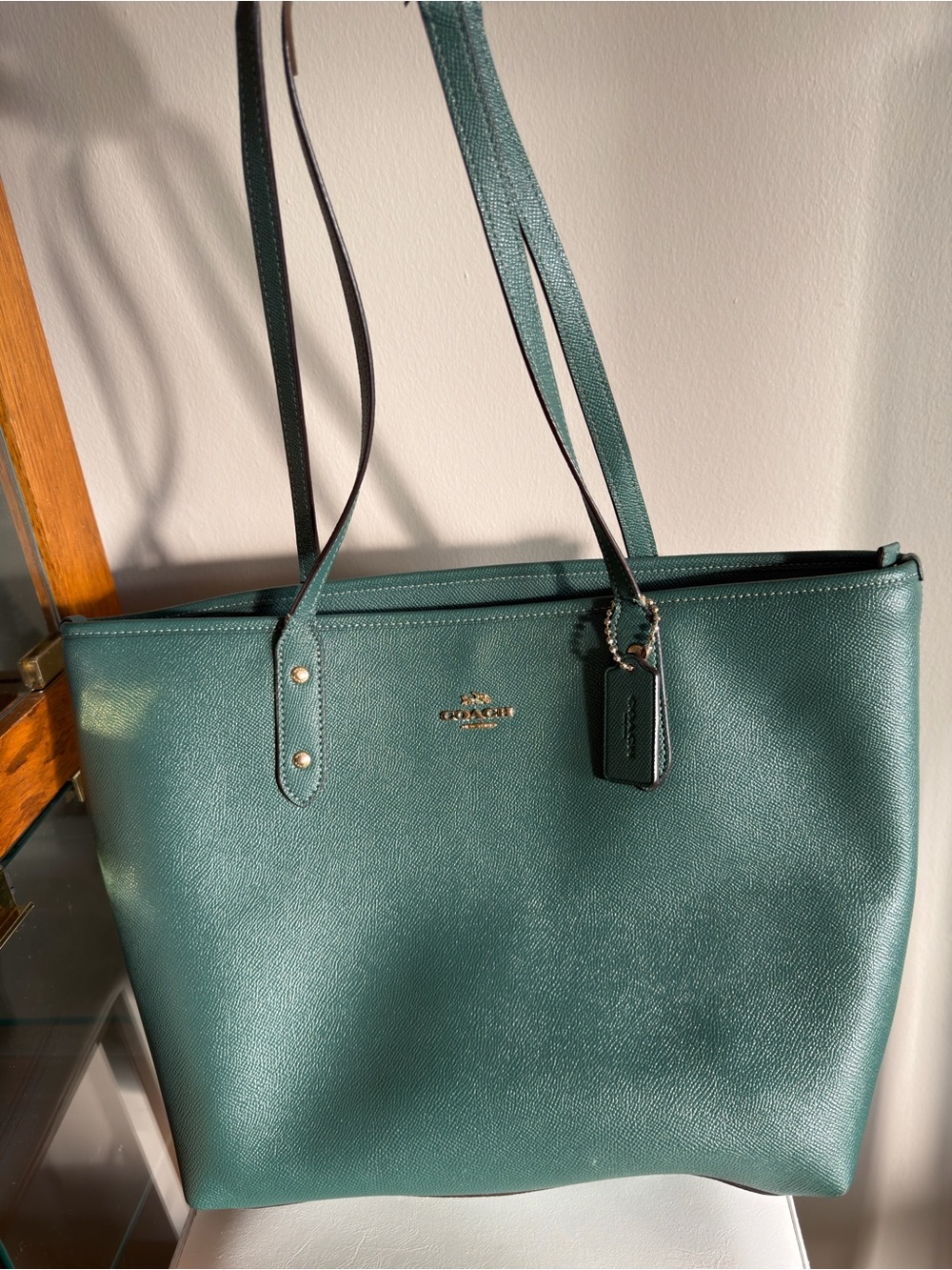 Coach Dark Green Leather Tote with Gold Hardware